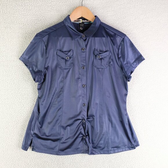Jamie Sadock Shirt Womens Large Boue Satin Snap Short Sleeve Performance Golf - Picture 1 of 7
